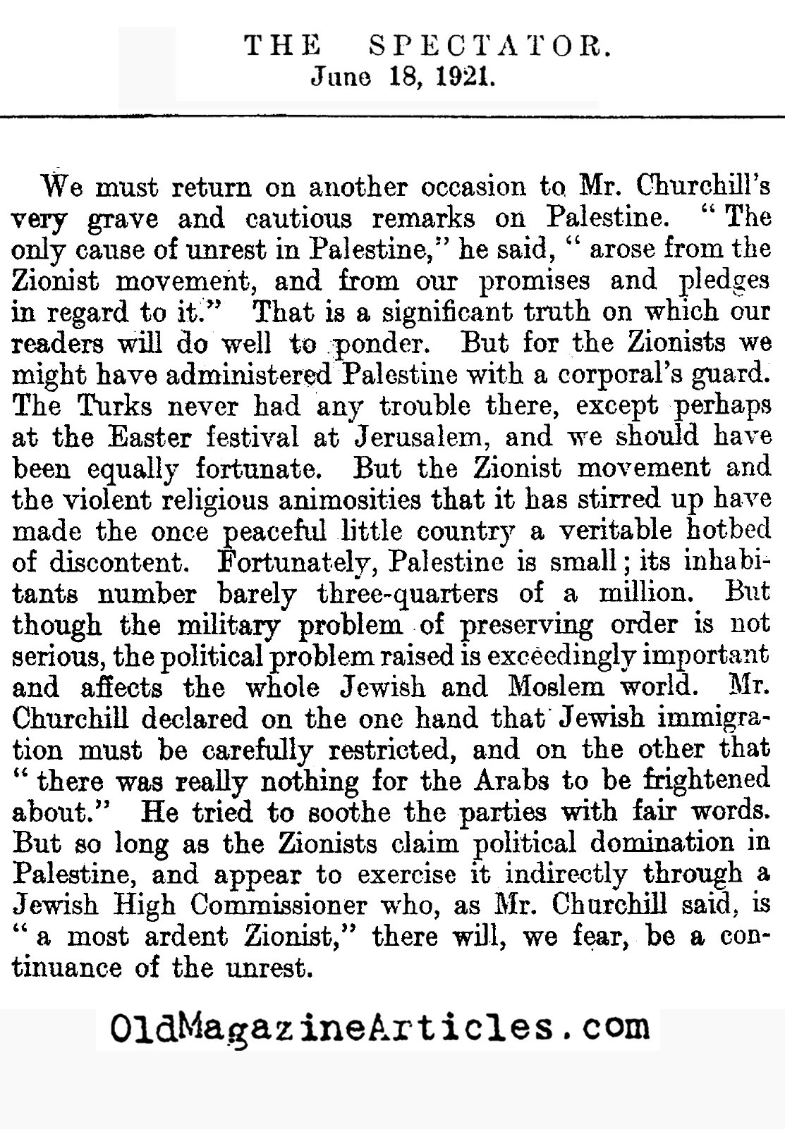 British Attempt to Prevent Jewish Growth in Palestine (The Spectator, 1921)